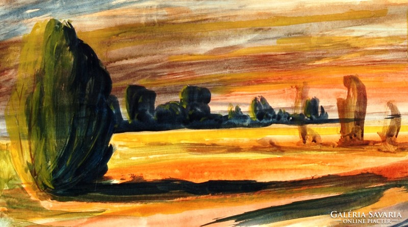 János T. Kovács: lowland landscape with poplar trees, 1976 - large-scale watercolor