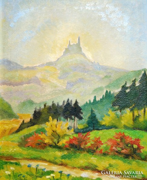 Contemporary artist: castle ruin on the hilltop - original oil painting, framed