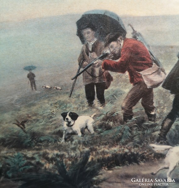Fürjvadászat 42 x 31 cm, grafikai nyomat, francia, olasz, német nyelvű v kép, üveglap, vadászjelenet