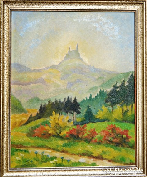 Contemporary artist: castle ruin on the hilltop - original oil painting, framed