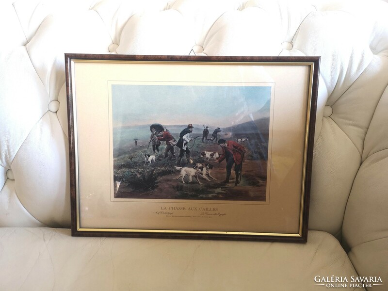 Quail hunting 42 x 31 cm, graphic print, picture in French, Italian, German, glass plate, hunting scene