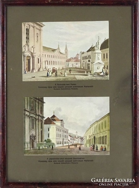 1J259 framed old Budapest picture pair 30 x 22.5 Cm Ferenciek Square in Pest