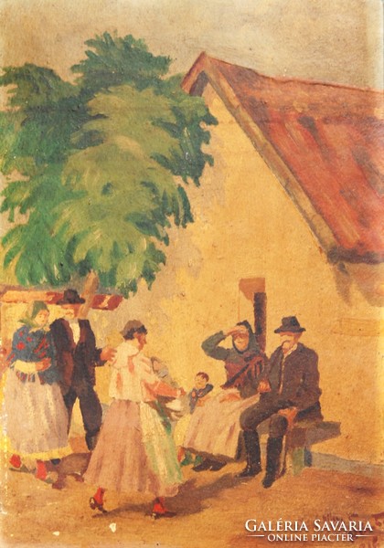 Nyilasy Sándor nyomán: Családi öröm, 1936 - olaj-karton festmény, eredeti keretezésben