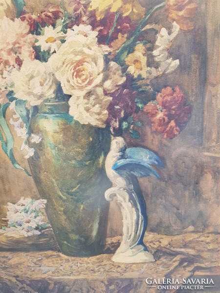 Impressive!!! Endréné kacz of Komáromi watercolor flower still life in a window painting with eosinos Zsolnay vase