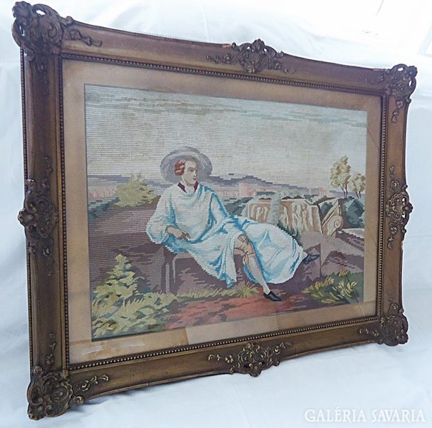 Tapestry decorated with an antique hinge scene in openwork blondel frame 76x60
