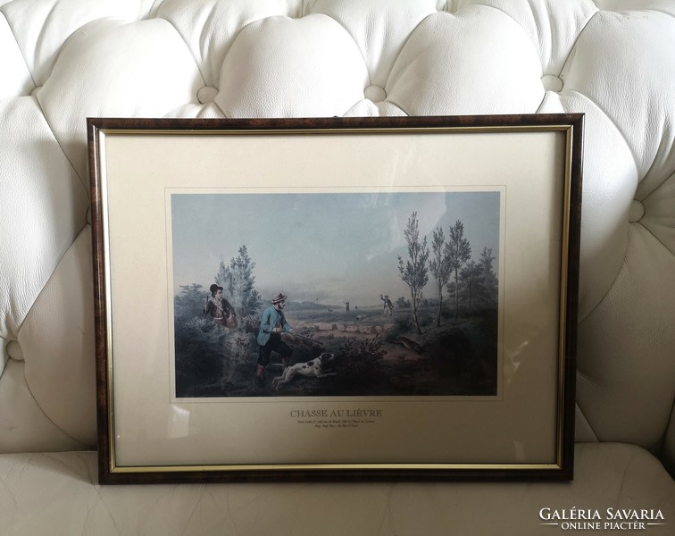Rabbit hunting, 42 x 31 cm hunting scene graphic print, under glass, in an elegant frame