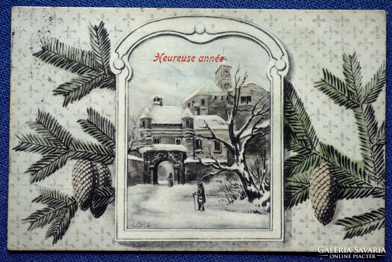 Antik  Újévi üdvözlő  grafikus képeslap téli táj medalionban  fenyőág