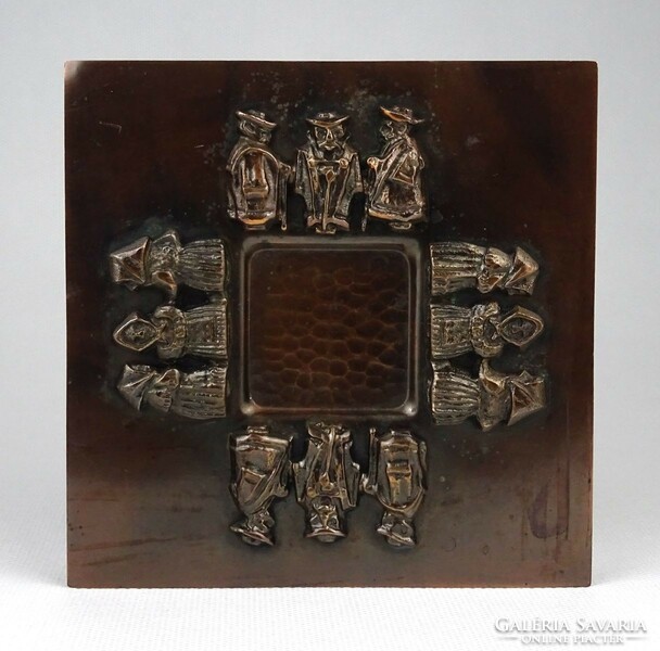 1J281 old red copper box with wooden inlay goldsmith's work 12.5 X 12.5 Cm Tevan style