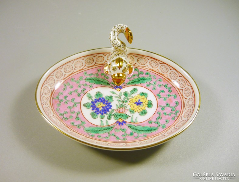 Herend, Chinese enamel rose hand-painted porcelain ashtray with dolphin catch, masterpiece, 10 cm.,