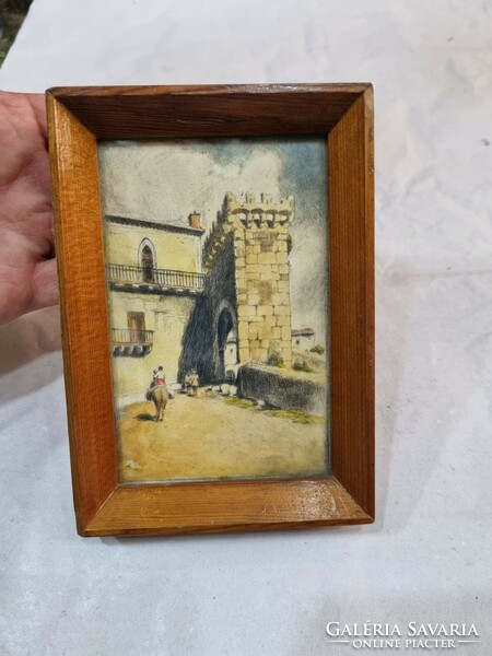 Old color etching in frame