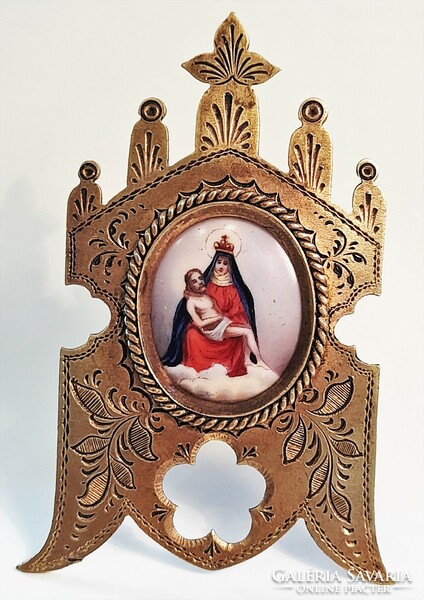 Antique hand-painted porcelain inlay with copper frame pieta favor object