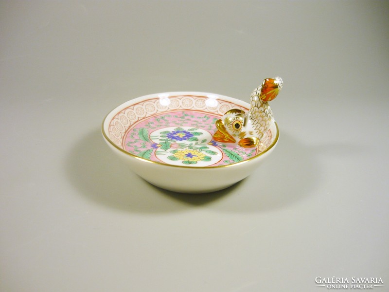 Herend, Chinese enamel rose hand-painted porcelain ashtray with dolphin catch, masterpiece, 10 cm.,