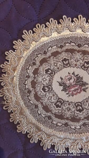 Old tapestry tablecloth in display case (l2751)