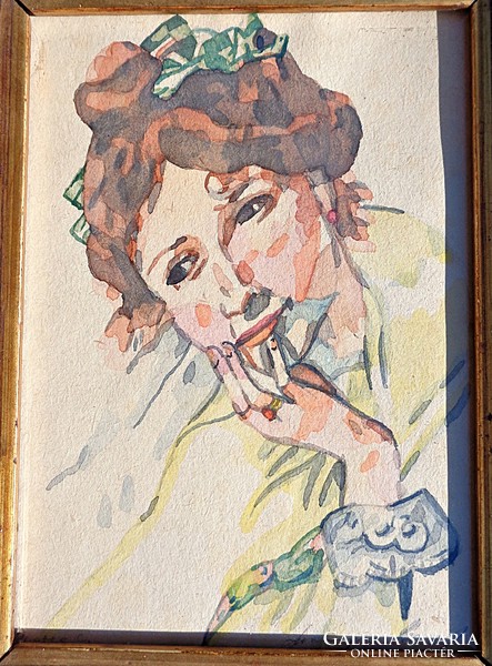 Bájos francia akvarell hölgy portré