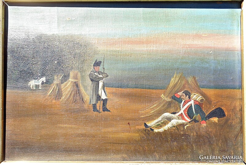 French soldiers encamping, realistic oil on canvas painting, mid 19th century