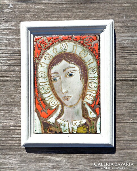 Retro religious themed fire enamel picture in a wooden frame