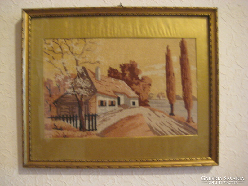 Old needle tapestry in a beautiful frame, with golden passepartout, 26 x 12 cm and 33 x 27 cm, with frame