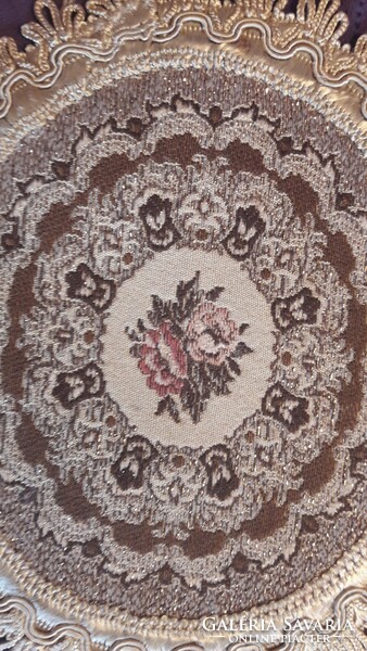 Old tapestry tablecloth in display case (l2751)