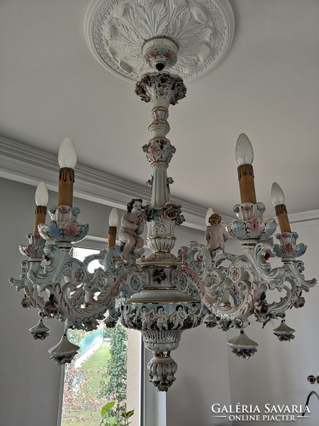 Rarity, antique capodimonte Italian porcelain chandelier, hand painted (6 branches, angelic, floral)