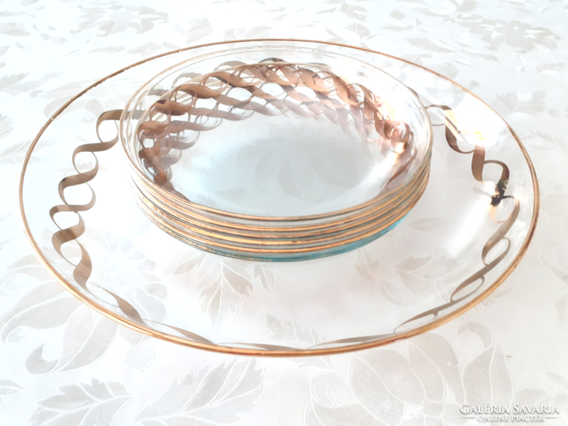 Retro glass dessert set old gilded glass plate 7 pcs