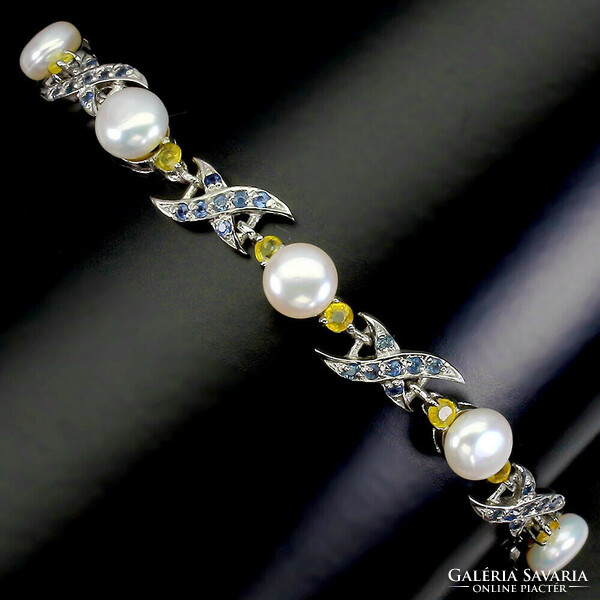 Real cultured pearl and sapphire 925 sterling silver bracelet