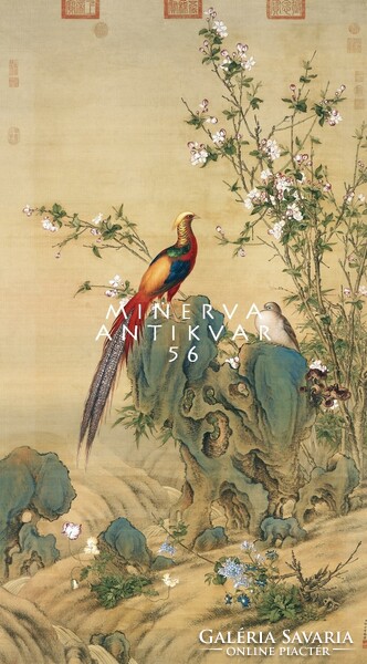 18th Century Chinese Silk Painting Reprint Print, Golden Pheasant Rooster Egg Spring Blooming Peach Tree