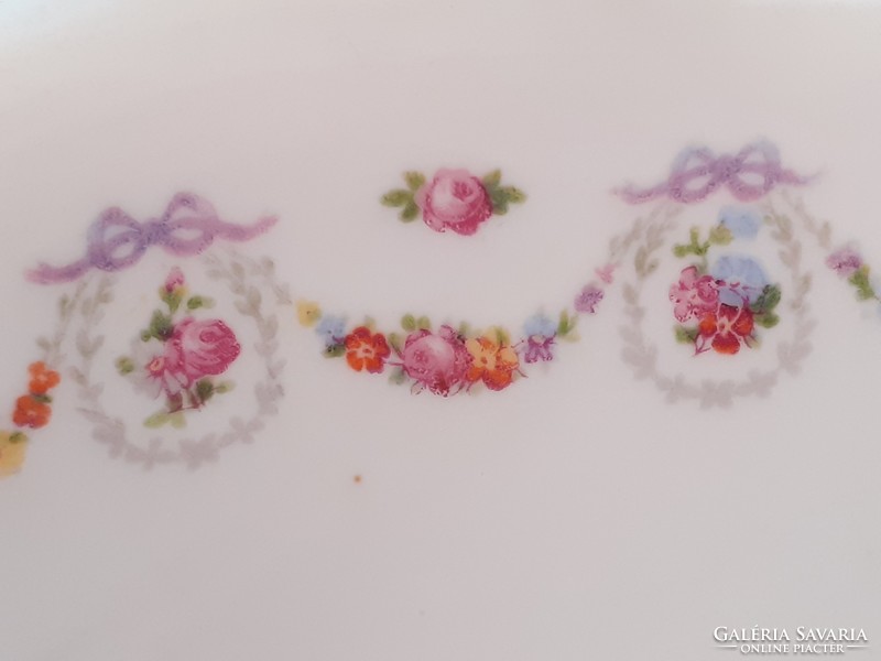 Régi szögletes rózsa mintás porcelán tál virágfüzéres masnis rózsás köretkínáló