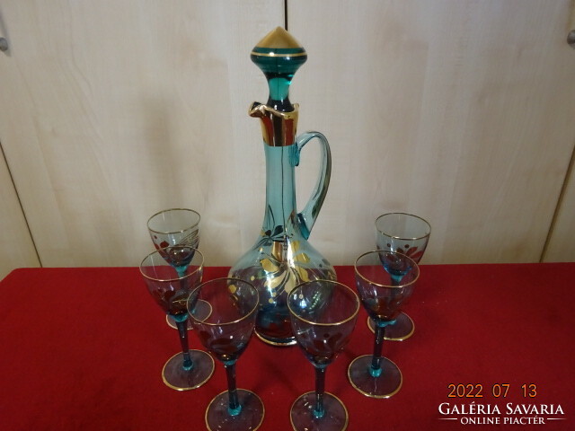 Six-person liqueur set, blue glass, gold decoration. He has! Jokai.