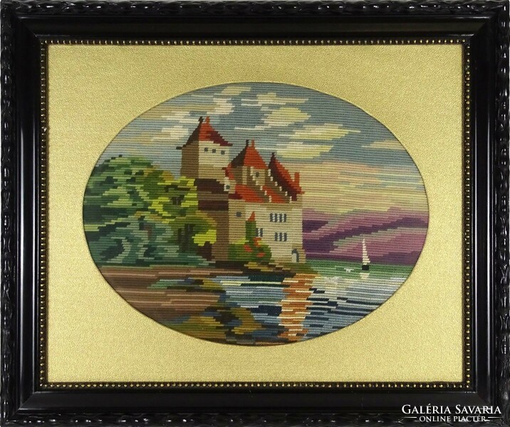 1J693 old tapestry pair lakeside castle in black frame