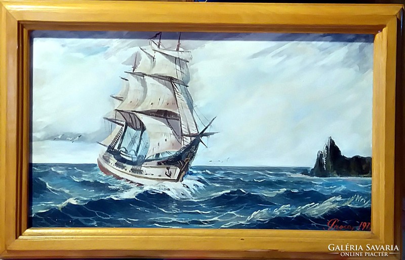 Sailing at sea - marked in the original frame of a beautiful painting