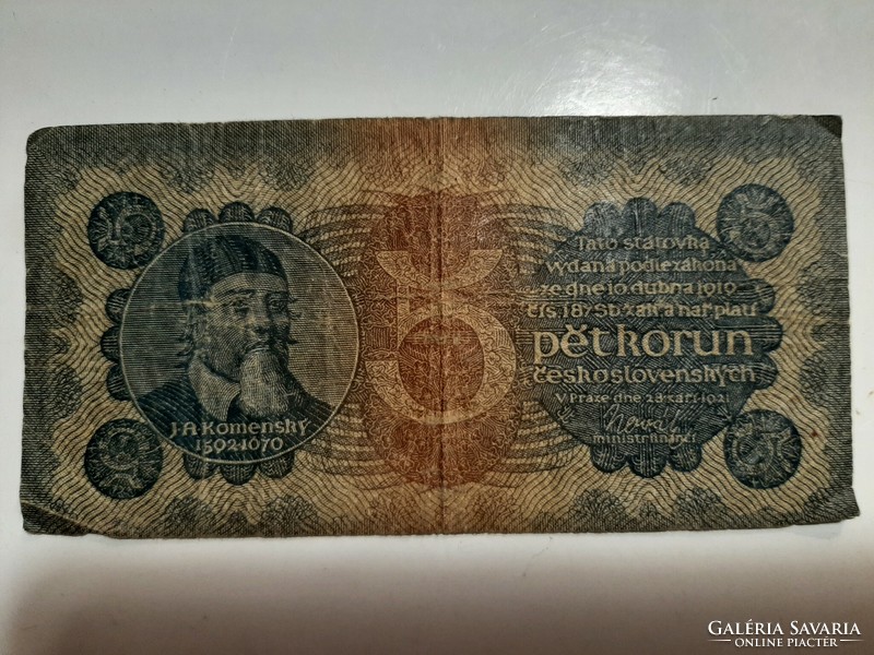 Ritka ! Cseh , Csehszlovákia , 5 korona 1921  pet koron