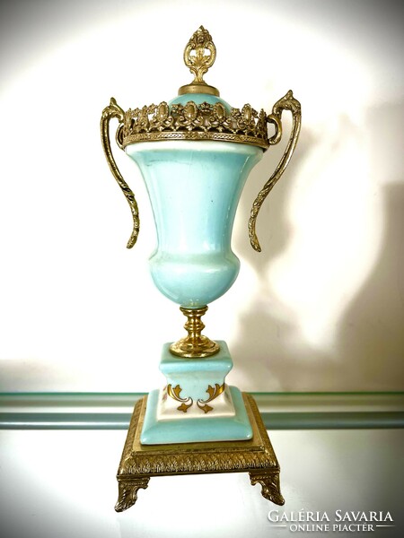 Empire hand-painted fire-gilt vase with lid, monumental-protected pattern!