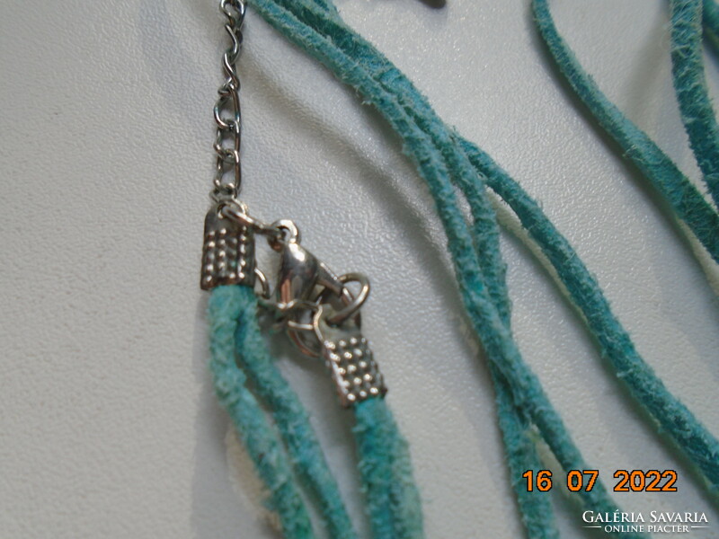 Turquoise stone silver-plated heart pendant, on a silver-plated large ring, with a turquoise leather cord