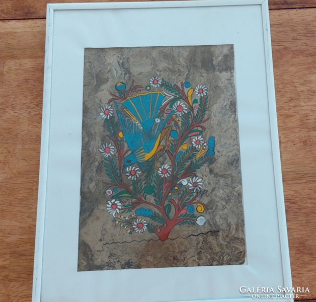 Mexikói Virágok + madárka festmény 40x31 cm kerettel, különleges papírra festve.