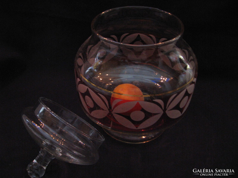 Glass container with a lid with a butterfly, butterfly etched row pattern in a burgundy band