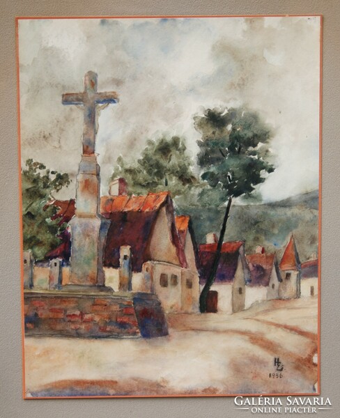 H. Zs.: Village street with stone cross, 1936 - watercolor, original frame