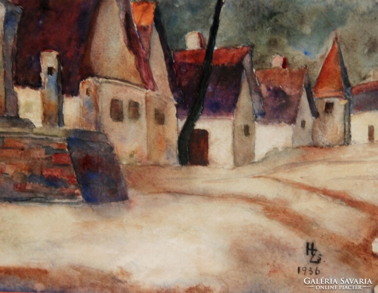 H. Zs.: Falusi utca kőkereszttel, 1936 - akvarell, eredeti keretében