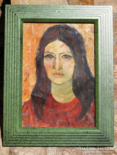 Hungarian artist: the girl with brown hair - oil on canvas painting, in a unique frame