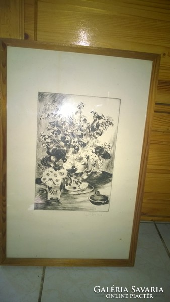 Aukciós festőnk-Biai Föglein (1905-1974) Virágcsendélet rézkarc, jelz.,ü.alatt kerettel