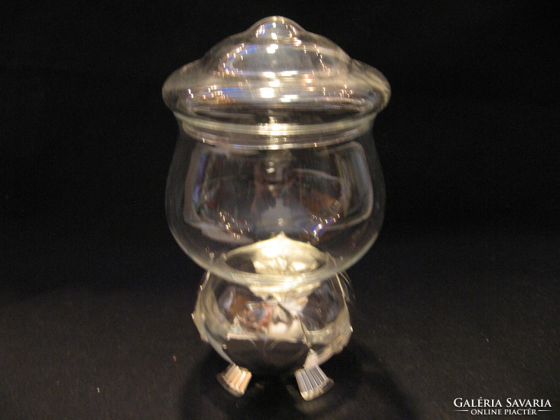 Glass container with lid in a silver-plated leaf-shaped stand