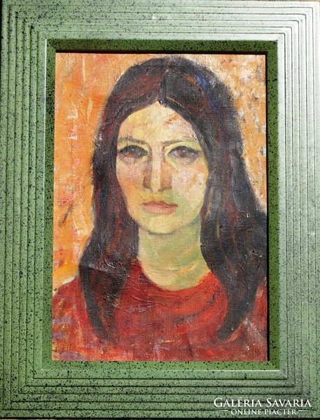 Magyar művész: A barna hajú lány - olaj-vászon festmény, egyedi keretben