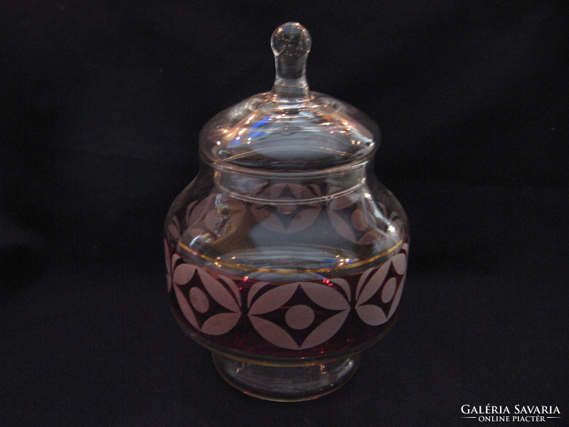 Glass container with a lid with a butterfly, butterfly etched row pattern in a burgundy band