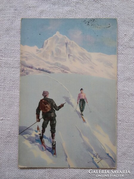 Antique Italian art card/postcard snowy mountains, skiers 1933