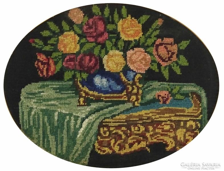 1J758 Asztali virágcsendélet régi tűgobelin Blonel keretben 26 x30 cm