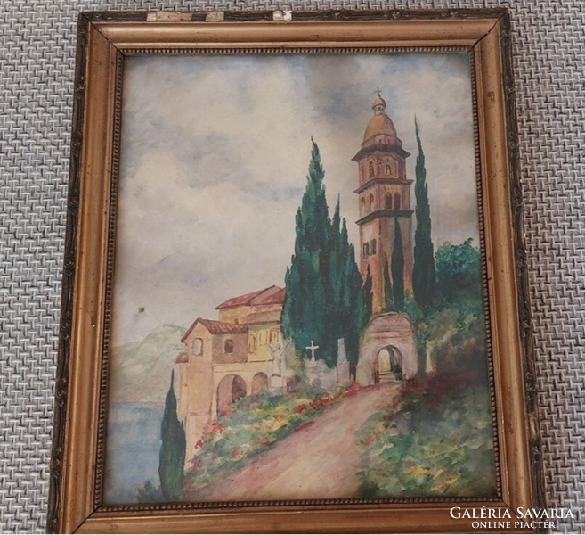 (K) beautiful, church / abbey painting 29x34 cm with frame