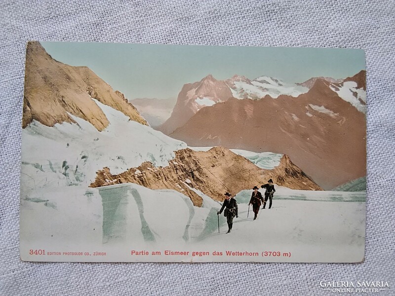 Antique colored postcard Switzerland snowy mountains, Wetterhorn, climbers 1911