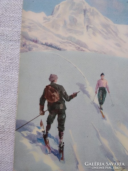 Antique Italian art card/postcard snowy mountains, skiers 1933