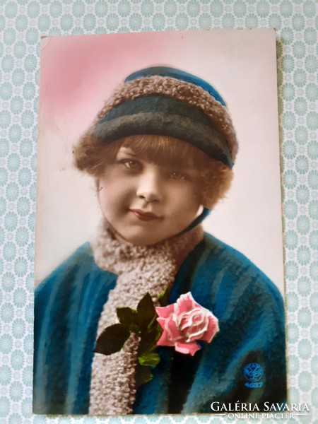 Old photo postcard little girl with rose vintage postcard