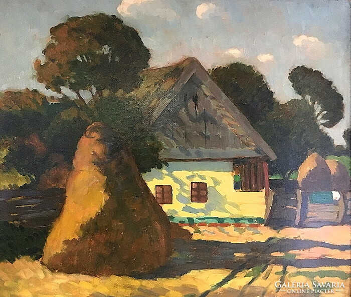 Béla Balla (1882 - 1965): farmhouse, featured in auction, 66 x 76.5 cm, oil, cardboard