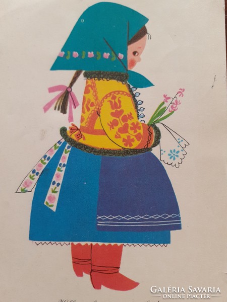 Régi húsvéti képeslap 1972 népviseletes kislány retro rajzos levelezőlap